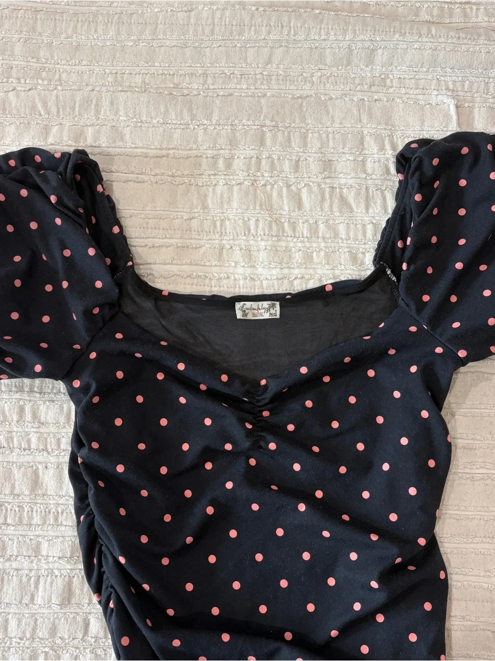 Free People Polka Dot Puff Sleeve Bodysuit Top - Pink Dots